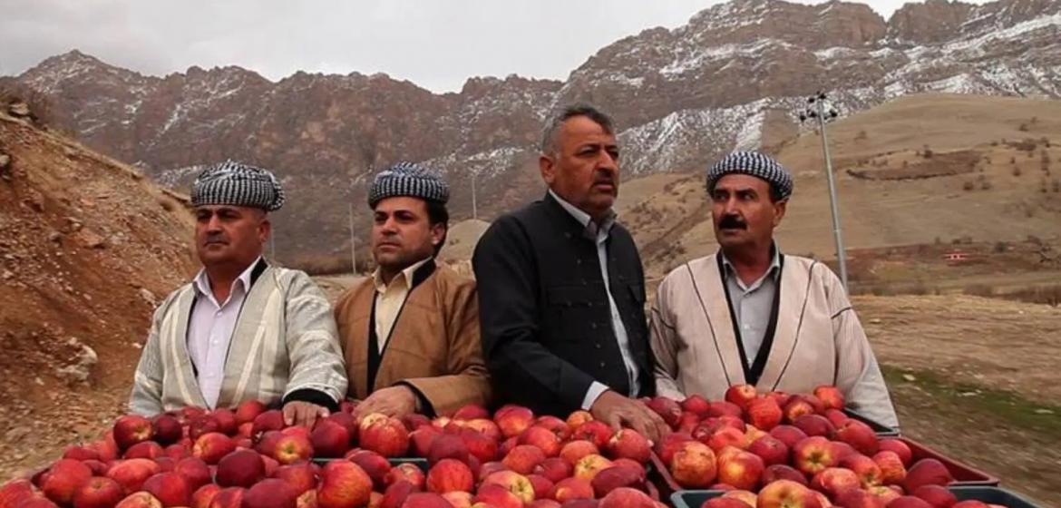 Vier kurdische Männer stehen hinter Kisten voller roter Äpfel. Foto: „1001 Apples“