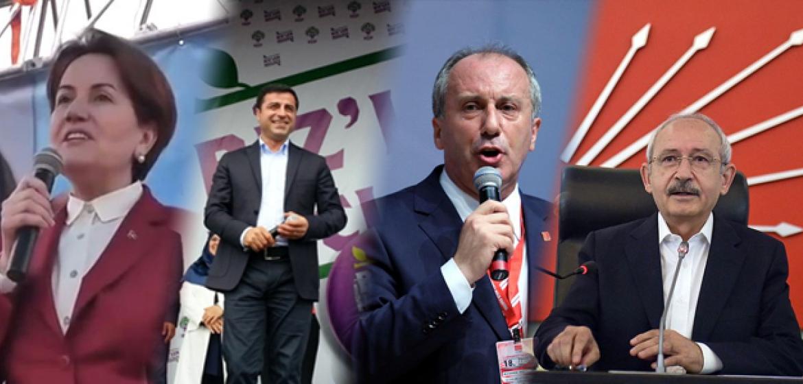 Diese PolitikerInnen wollen bei den vorgezogenen Parlaments- und Präsidentschaftswahlen am 24. Juni gegen Erdogans AKP antreten: Meral Akşener/IP, Selahattin Demirtaş/HDP, Muharrem İnce/CHP, Kemal Kılıçdaroğlu/CHP (v. l. n. r.). Collage: Tobias Pietsch. Quellenangabe: S. unten.