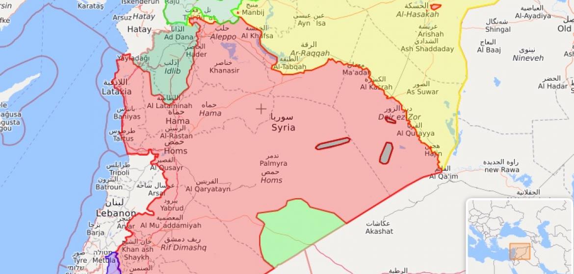 "Aktuelle militärische Fronten in Syrien." Rot: unter Kontrolle von Damaskus; Gelb: unter kurdischer Kontrolle; Grün: unter islamistischer bzw. türkischer Kontrolle; Schwarz: Gebiete des IS; Blau: israelisch besetzte Golanhöhen. Quelle: https://syria.liveuamap.com, Stand: 10.04.2019.