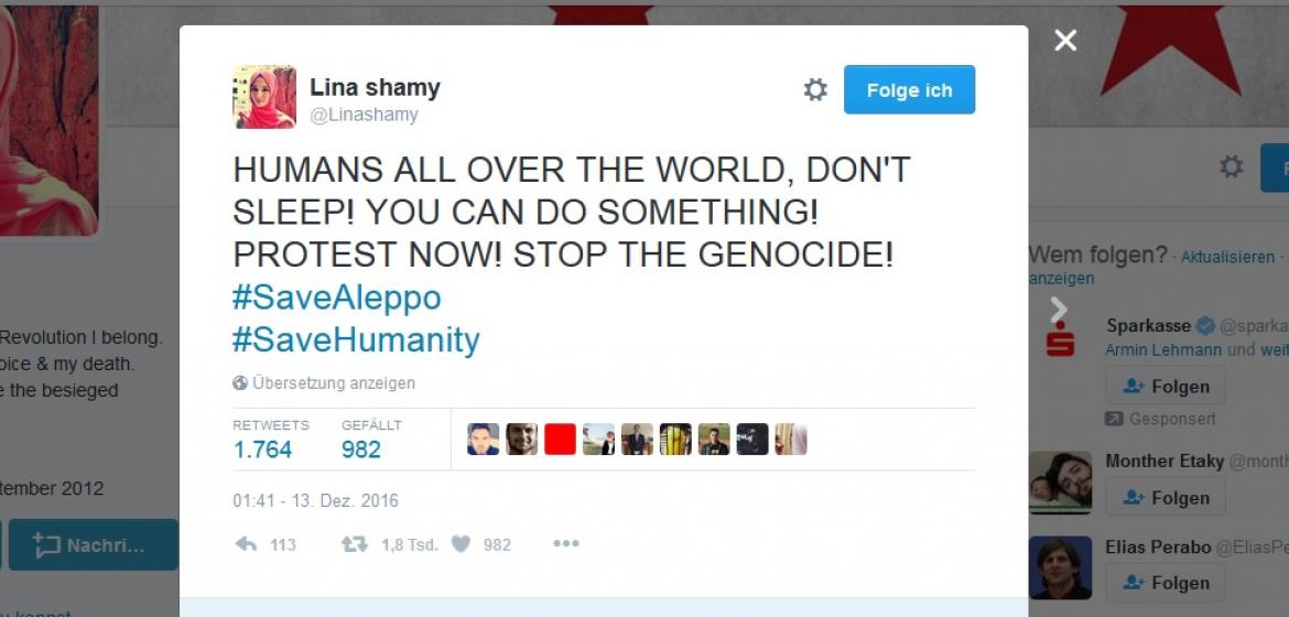 Lina Shamy lebt in Aleppo. Sie appelliert dafür, gegen die Verbrechen des Assad-Regimes in ihrer Stadt zu protestieren. Screenshot: Alsharq.