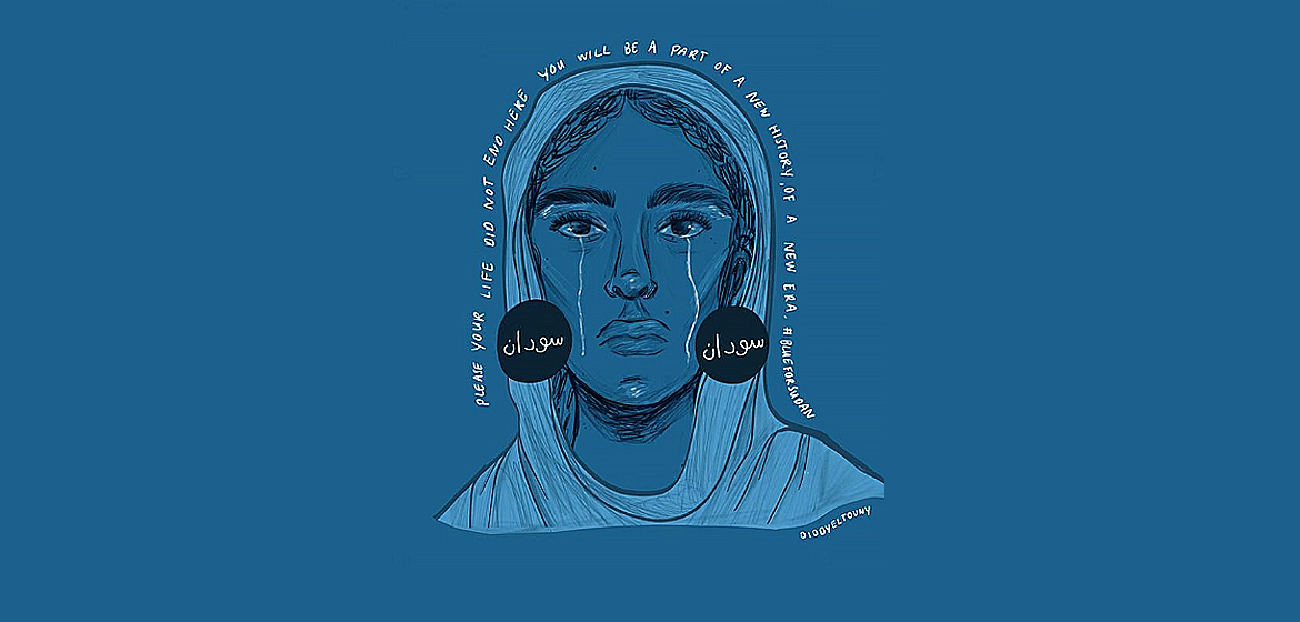 Im Juni 2019 posteten Sudanes:innen blau auf Social Media, als Ausdruck ihrer Unterstützung der Proteste im Land. Illustration: Rhaida El Touny (IG: diddyeltouny)