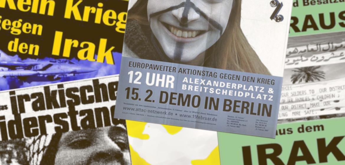 Gegen den Irak-Krieg wurden Aktionen, Demonstrationen und Kampagnen in der ganzen Bundesrepublik organisiert. Auch nach dem Ende der größten Protestwelle 2003 wurden die Aktivitäten fortgesetzt. (Collage unter Verwendung von Plakaten des Heidelberger Forums gegen Militarismus und Krieg und der Antiimperialistischen Koordination, sowie des bundesweiten Aktionsbündnisses 15. Februar, mit freundlicher Genehmigung der Designerin Uta Eickworth und von arbeiterfotografie.com.)