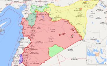 "Aktuelle militärische Fronten in Syrien." Rot: unter Kontrolle von Damaskus; Gelb: unter kurdischer Kontrolle; Grün: unter islamistischer bzw. türkischer Kontrolle; Schwarz: Gebiete des IS; Blau: israelisch besetzte Golanhöhen. Quelle: https://syria.liveuamap.com, Stand: 10.04.2019.