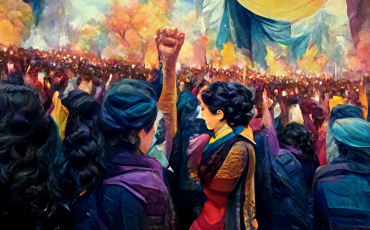 Sowohl die feministische, als auch die kurdische Perspektive sind bei den aktuellen Protesten in Iran zentral. Illustration: Claire DT/KI