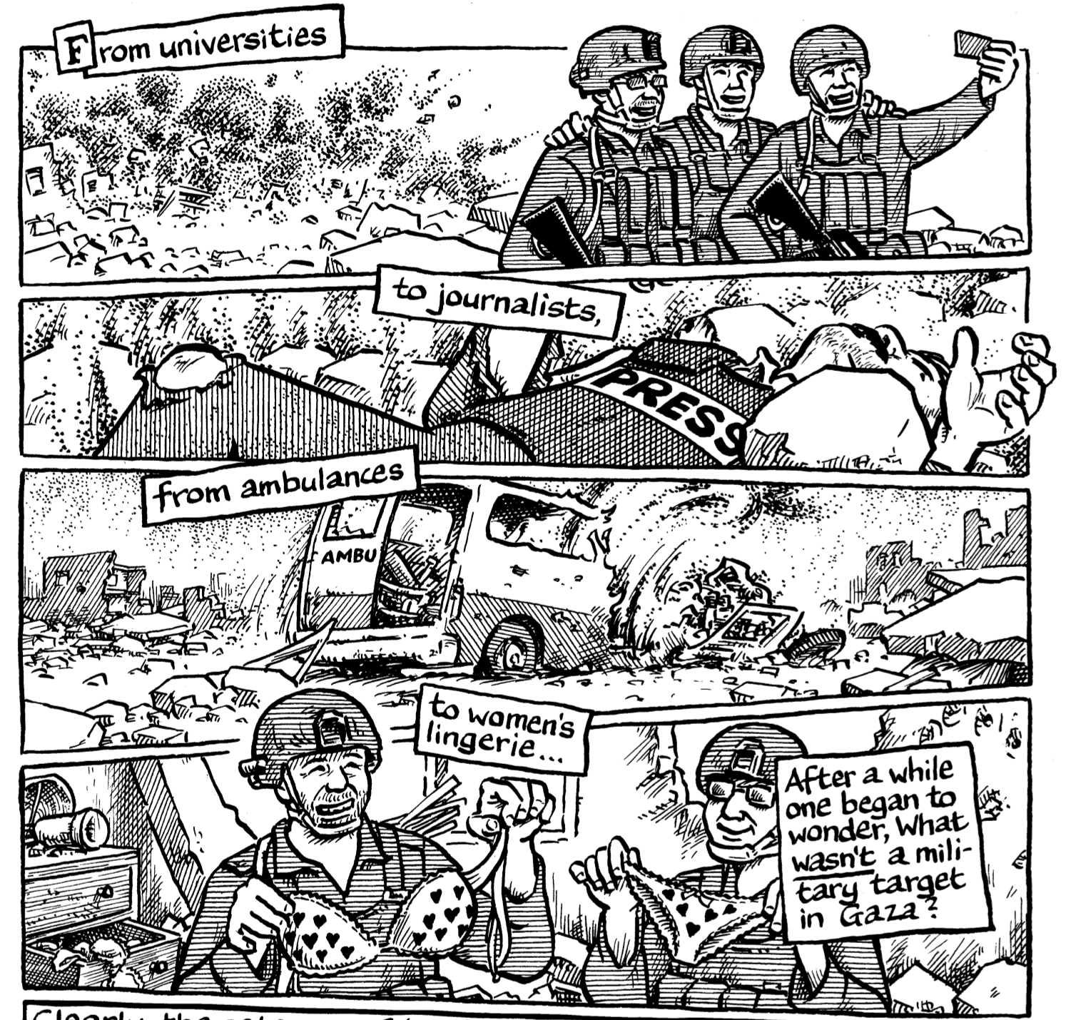 Ausschnitt aus „War on Gaza“ von Joe Sacco, Fantagraphics, 2024, S. 26.